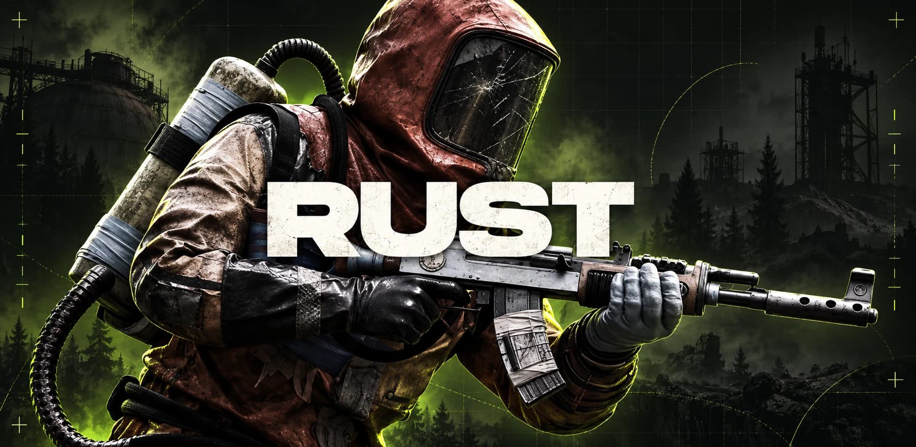 Rust — персонаж в защитном костюме на графитовом фоне с лаймовыми акцентами